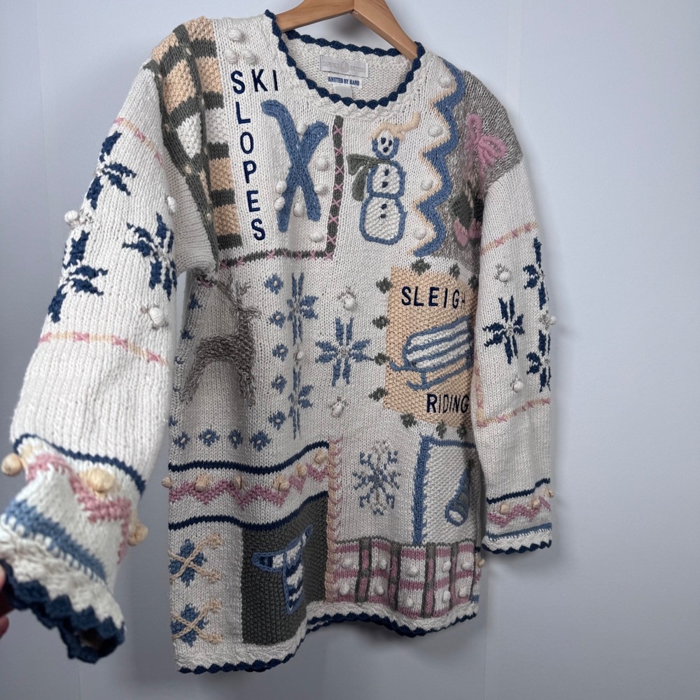 Cape Isle Knitters Sweater Womens M Ivory Hand Knit Grandma Snowmen Festive VTG - Picture 3 of 16